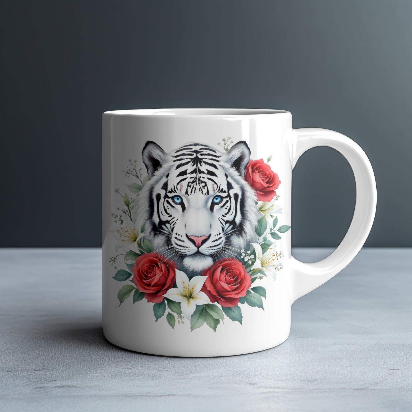 Personalized Blue-Eyed White Tiger with Red Roses and White Lilies Mug — Custom Name Gift