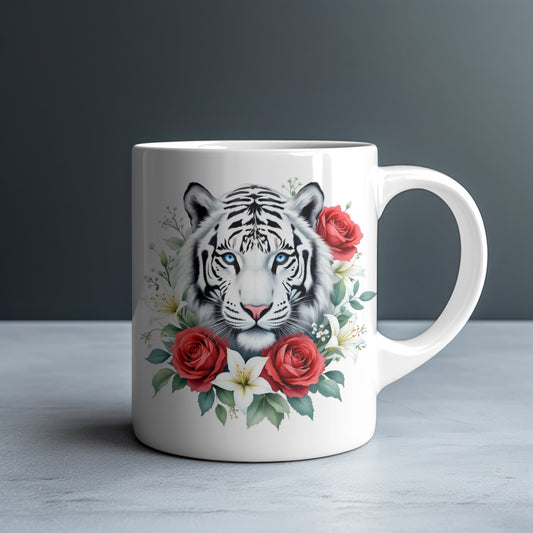 Personalized Blue-Eyed White Tiger with Red Roses and White Lilies Mug — Custom Name Gift