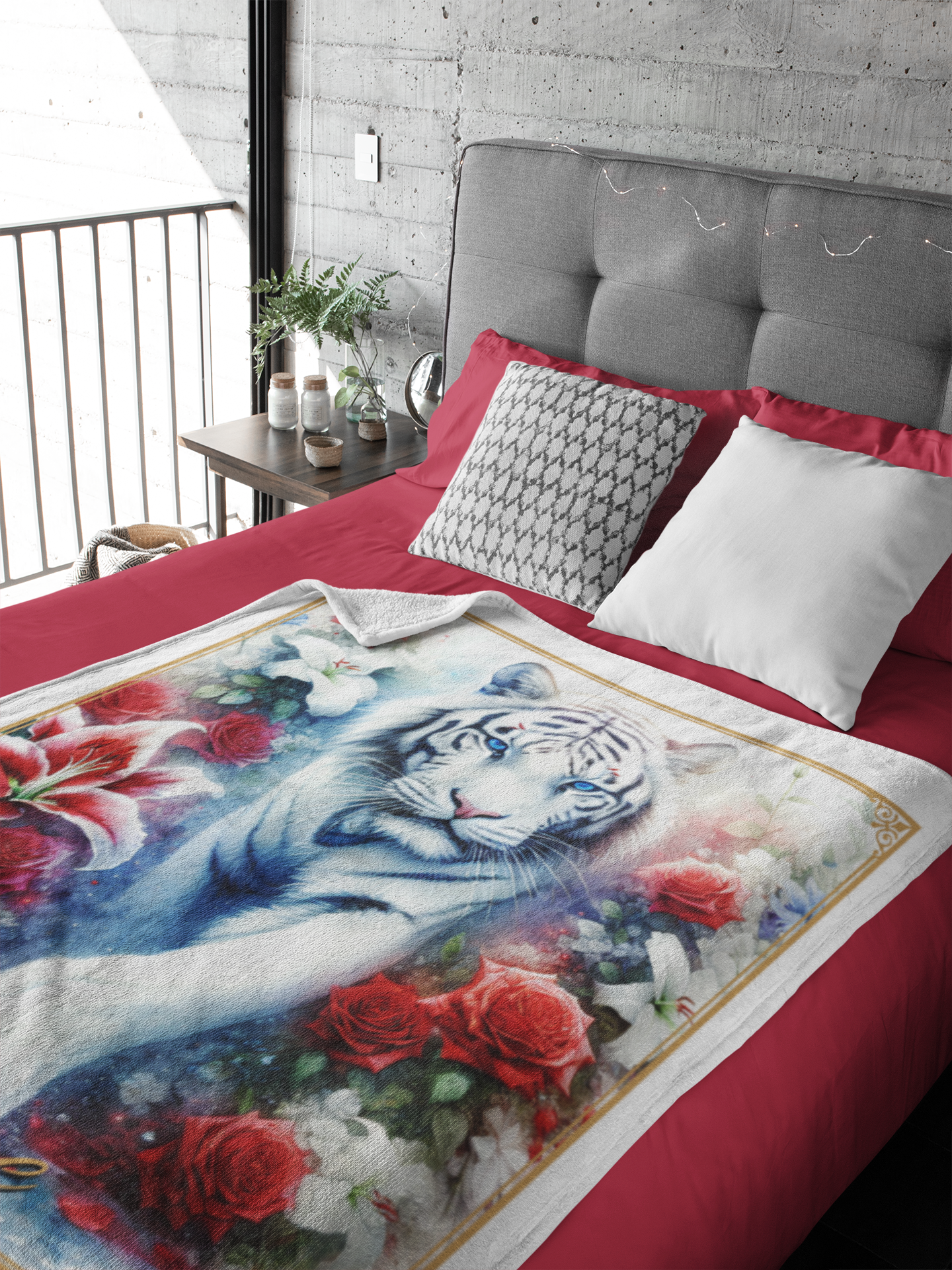 Personalized Blue-Eyed White Tiger Stalking Through Red Roses and Lilies Throw Blanket — Custom Name Gift