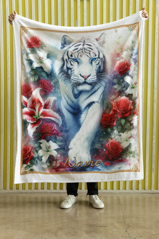Personalized Blue-Eyed White Tiger Stalking Through Red Roses and Lilies Throw Blanket — Custom Name Gift