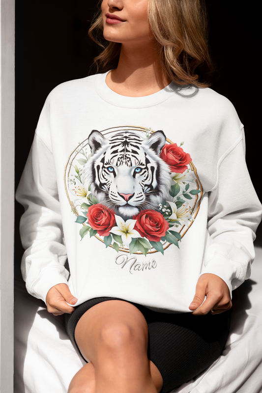 White Tiger with Roses Personalized Sweatshirt