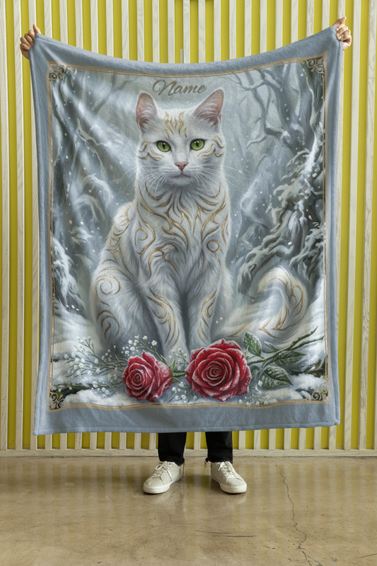 Personalized Fantasy White Cat with Gold Markings in Winter Forest Throw Blanket — Custom Name Gift