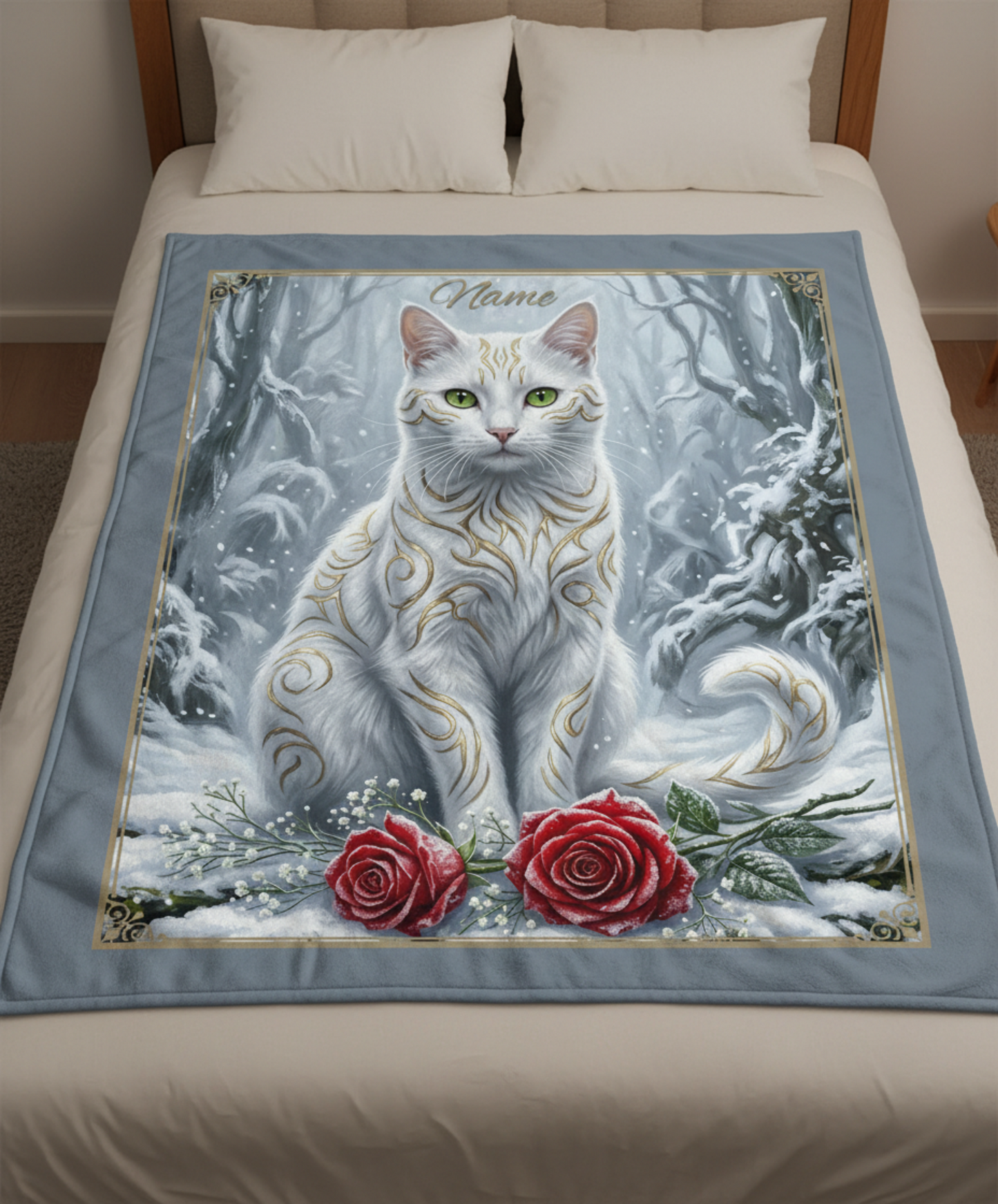 Personalized Fantasy White Cat with Gold Markings in Winter Forest Throw Blanket — Custom Name Gift