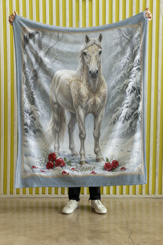 Personalized Fantasy White Horse Winter Forest Throw Blanket