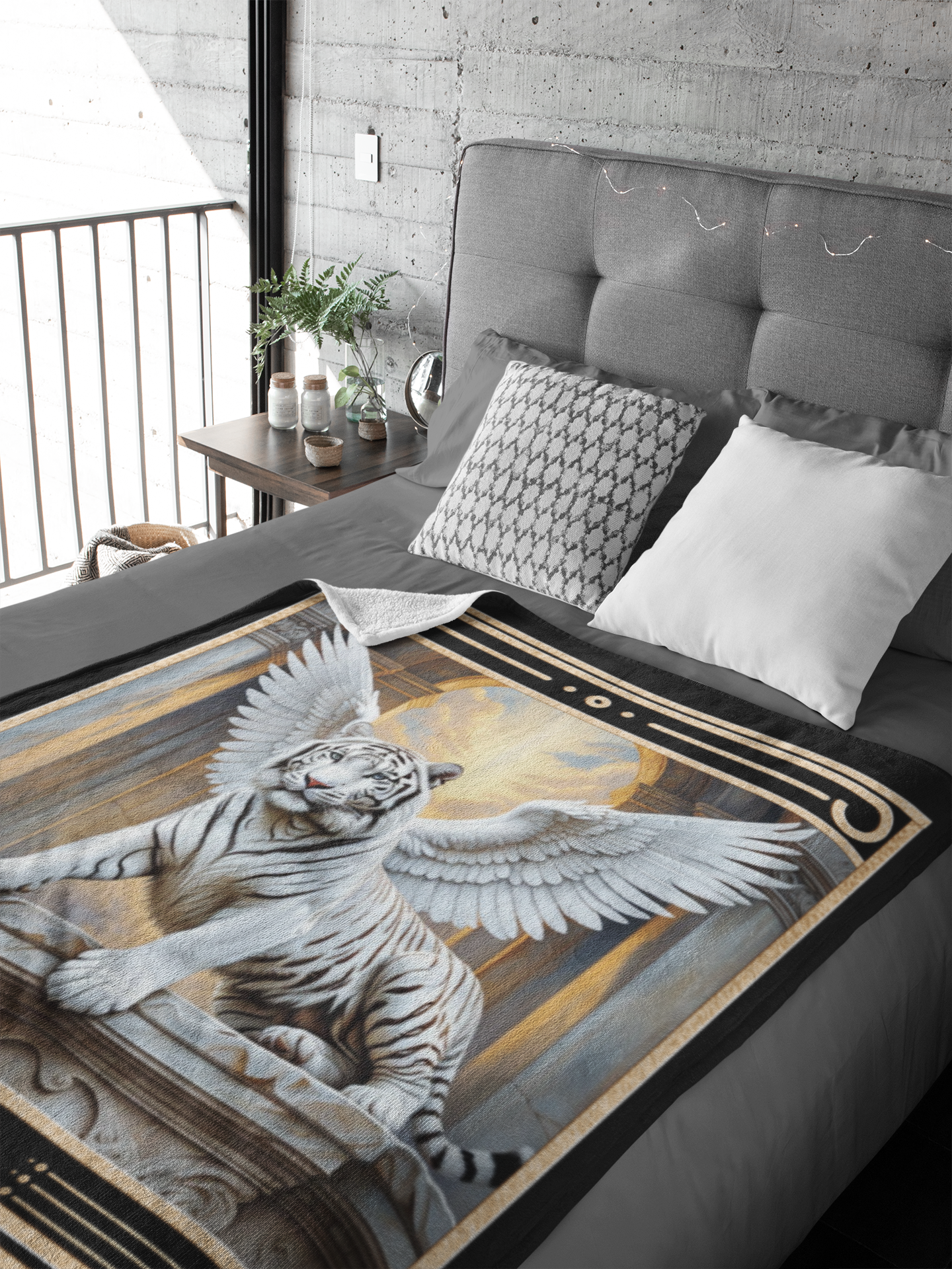 Personalized Fantasy Winged White Tiger in Celestial Temple Throw Blanket — Custom Name Gift