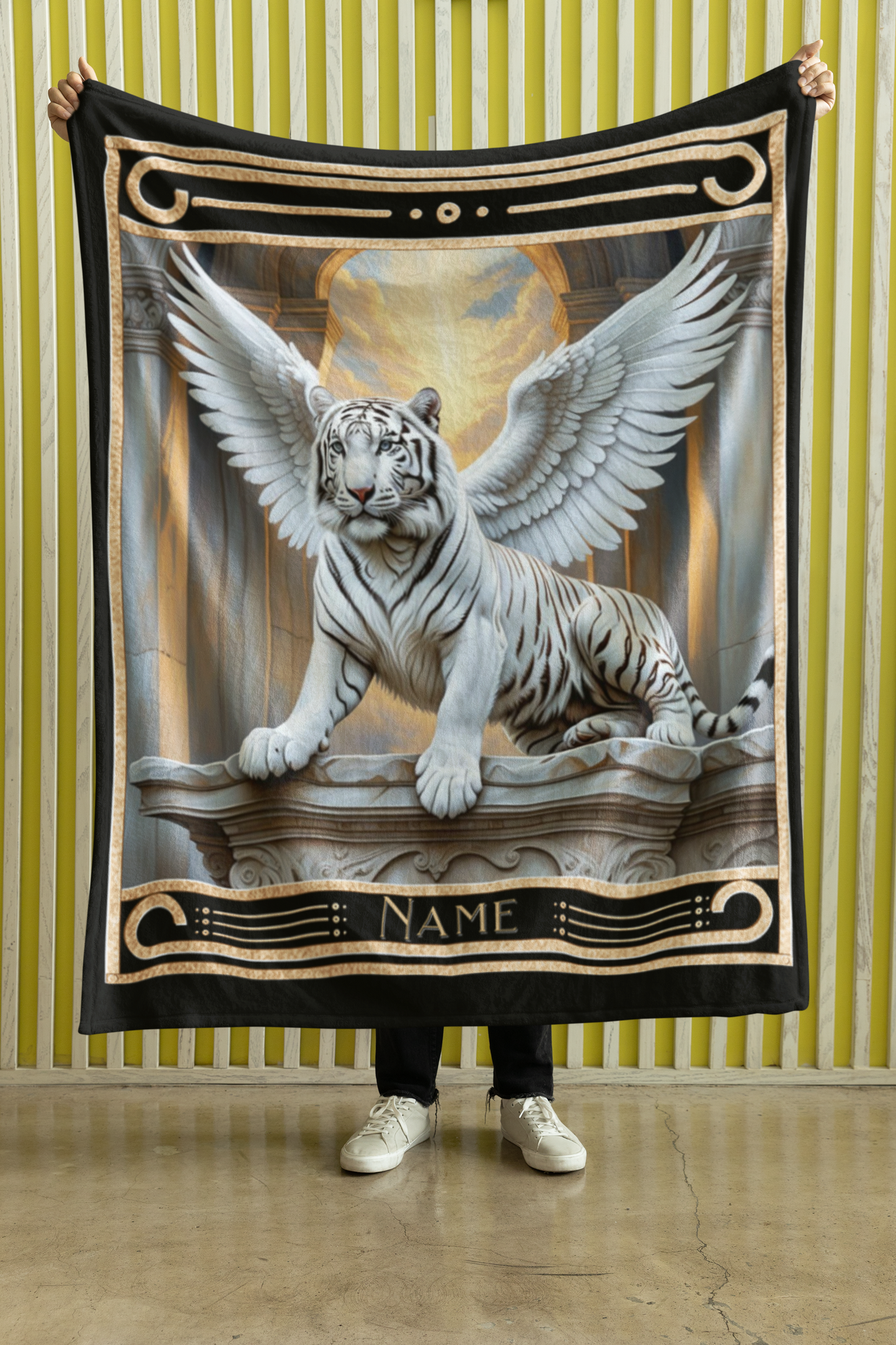 Personalized Fantasy Winged White Tiger in Celestial Temple Throw Blanket — Custom Name Gift