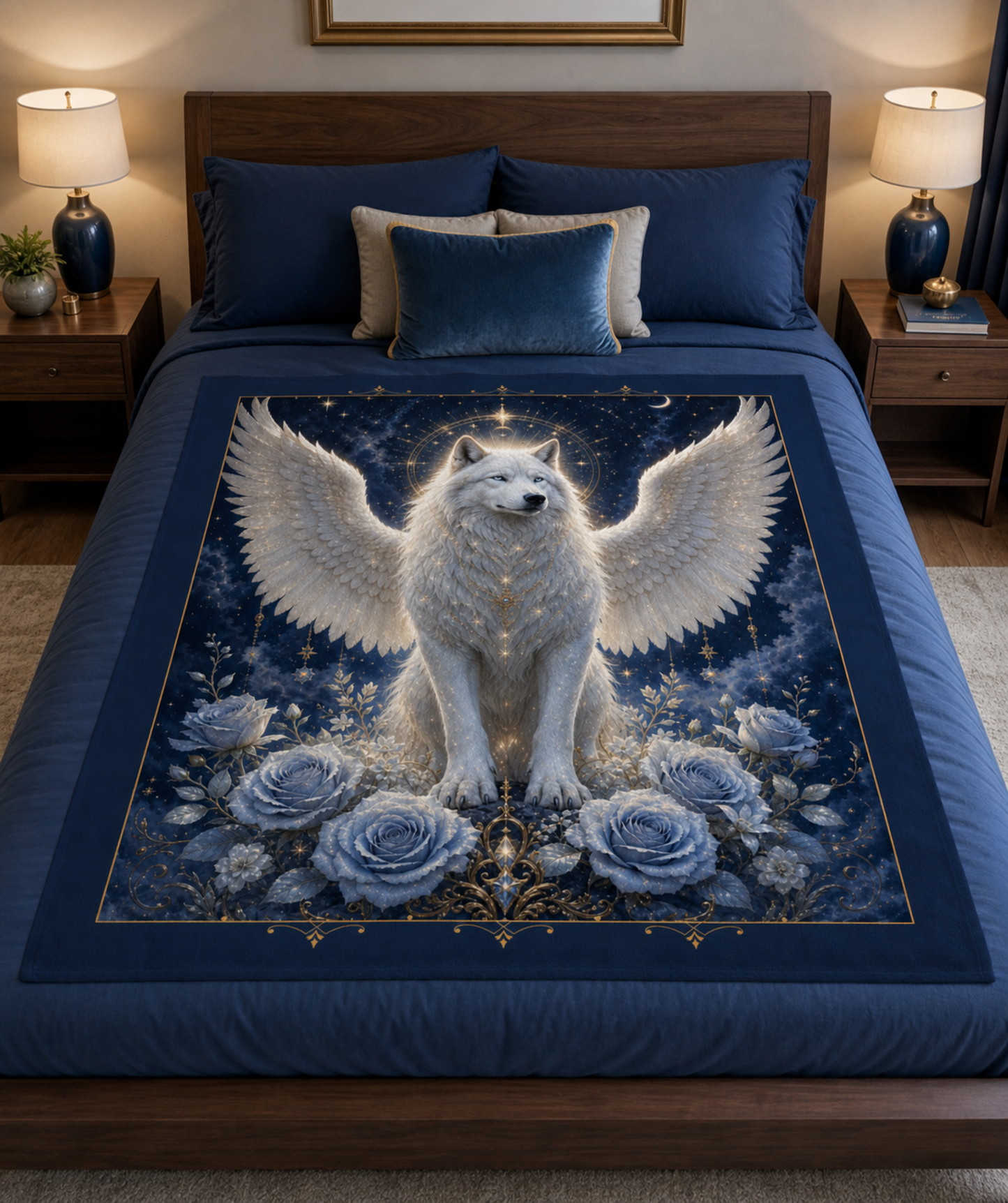 Celestial White Winged Wolf Throw Blanket
