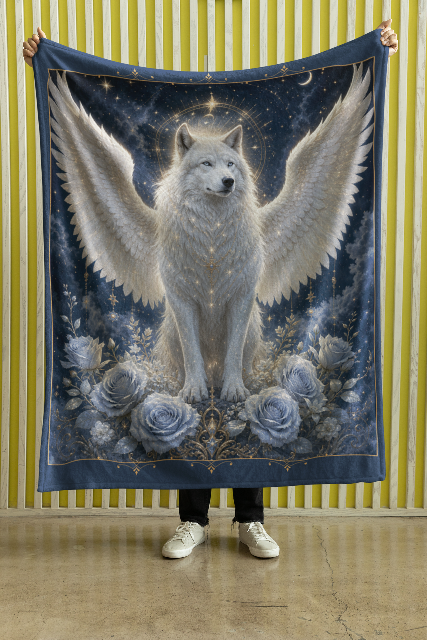Celestial White Winged Wolf Throw Blanket