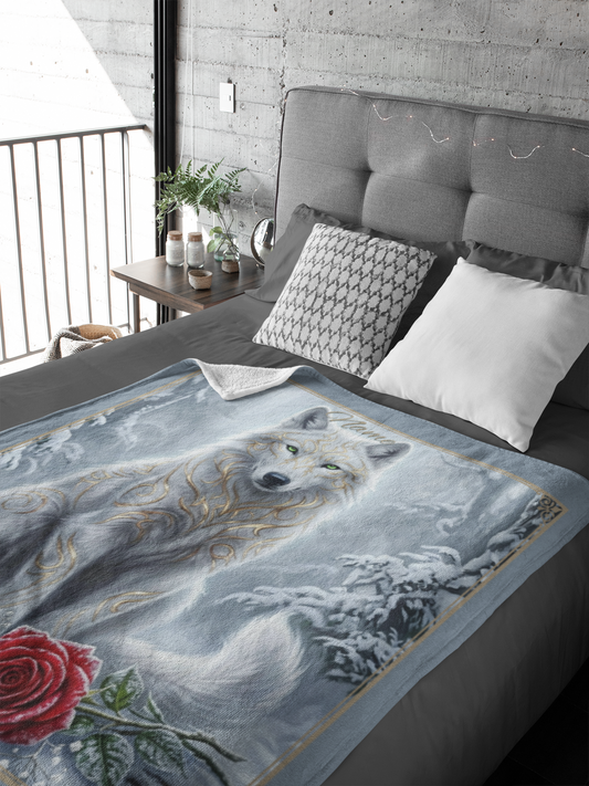 Personalized Fantasy White Wolf Winter Forest Throw Blanket