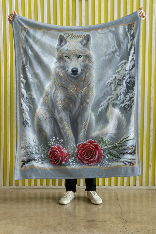 Personalized Fantasy White Wolf Winter Forest Throw Blanket