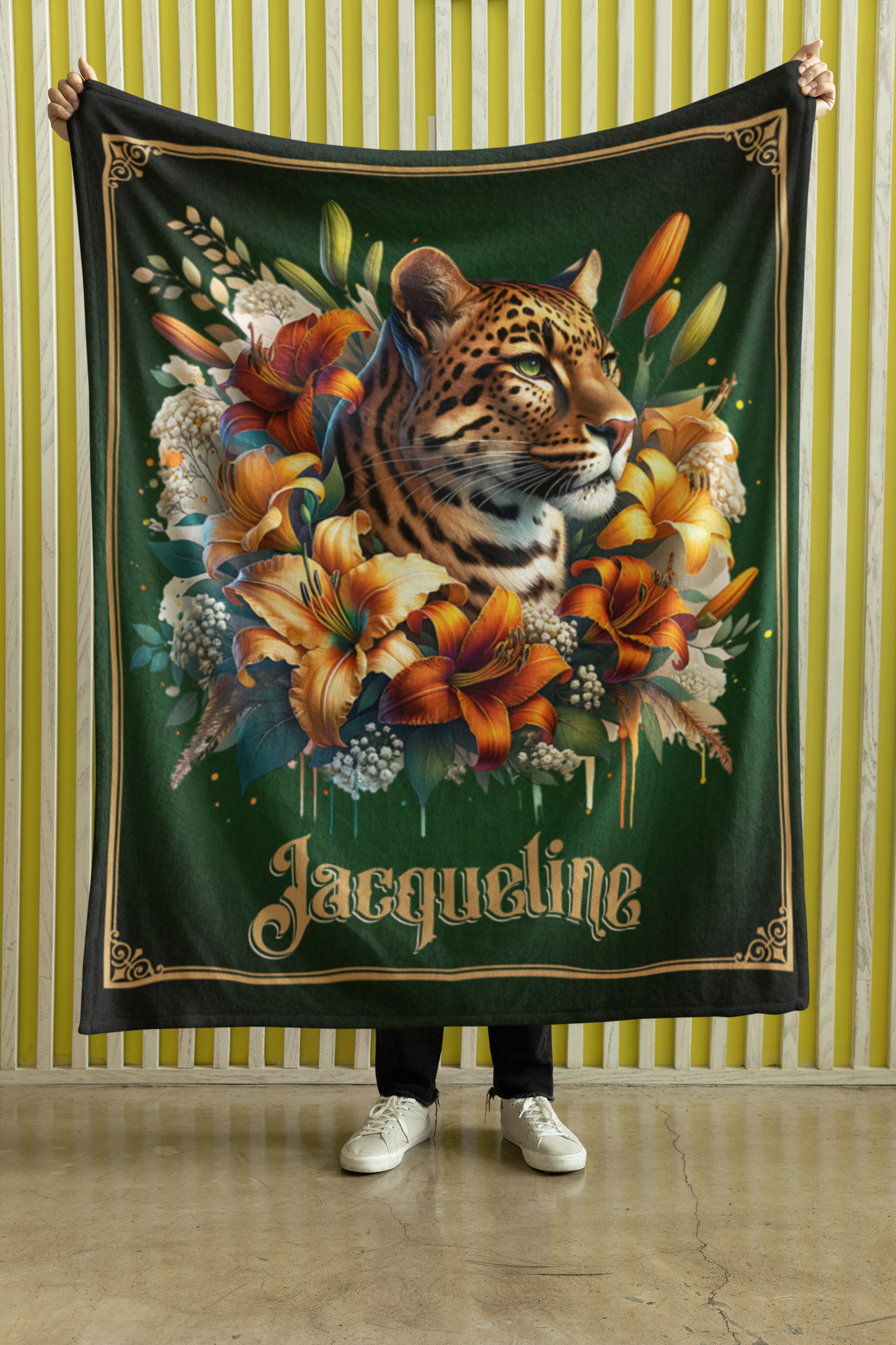 Personalized Leopard with Tiger Lilies and Wildflowers Throw Blanket — Custom Name Gift