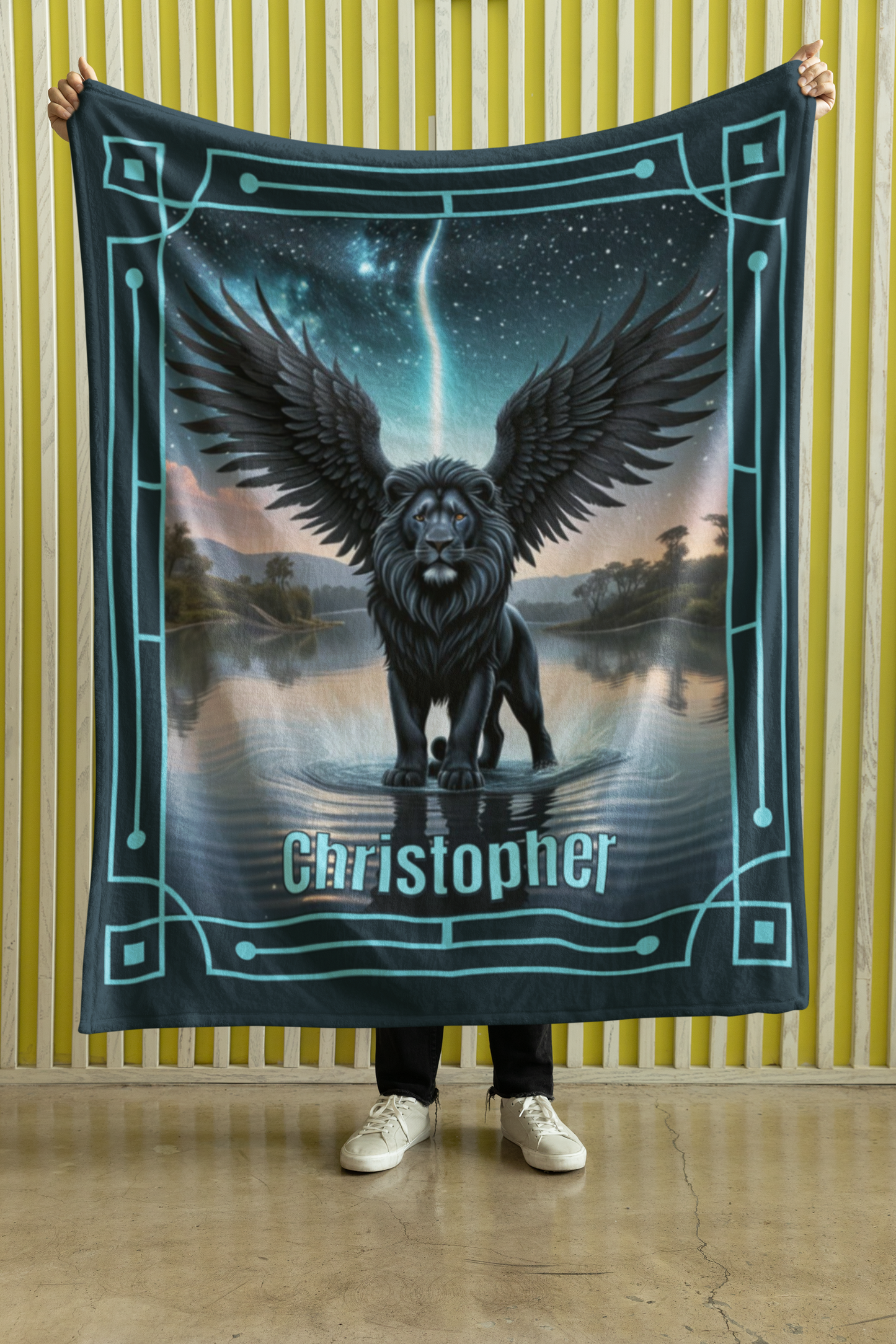 Personalized Black Winged Lion Rising from Starlit Waters Throw Blanket — Custom Name Gift